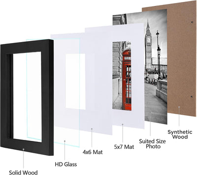 8X10 Picture Frame 4 Pack Made of Solid Wood and Strong Real Glass, Display 4X6 and 5X7 Photos with Mat or 8X10 without Mat, Home Decor for Wall and Tabletop, Gallery Gift Set, Black