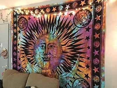 Sun and Moon Wall Hanging – Aesthetic Indie Boho Decorative Wall Tapestry for Bedroom, Living Room, or Home Décor (Rainbow, 54X60 Inch)
