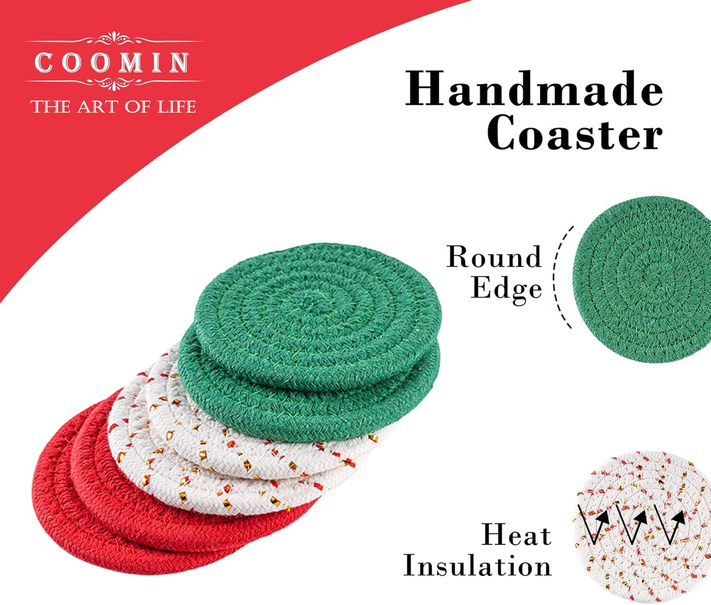 Absorbent Drink Coasters Handmade Braided Drink Coasters, Super Absorbent Heat-Resistant Coasters for Drinks Great Home Decor (Red, Green, Beige, 6)