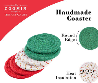 Absorbent Drink Coasters Handmade Braided Drink Coasters, Super Absorbent Heat-Resistant Coasters for Drinks Great Home Decor (Red, Green, Beige, 6)