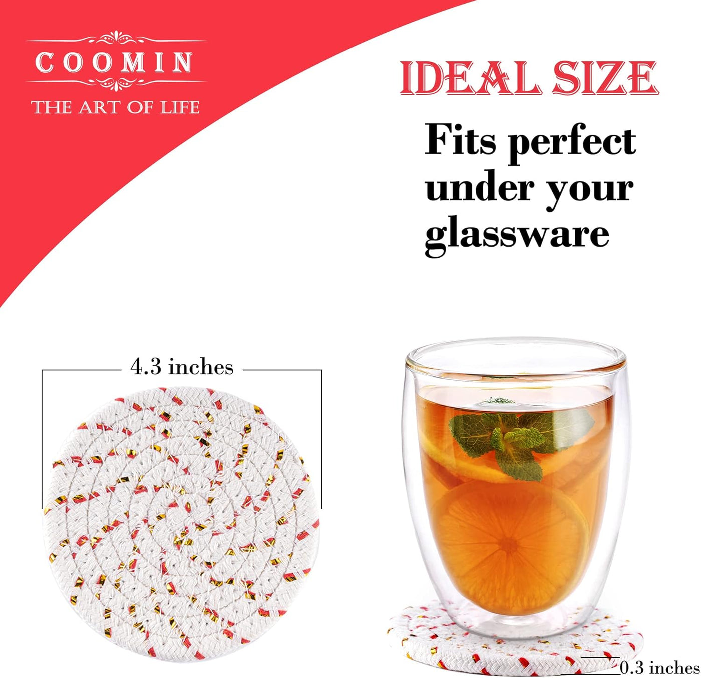 Absorbent Drink Coasters Handmade Braided Drink Coasters, Super Absorbent Heat-Resistant Coasters for Drinks Great Home Decor (Red, Green, Beige, 6)