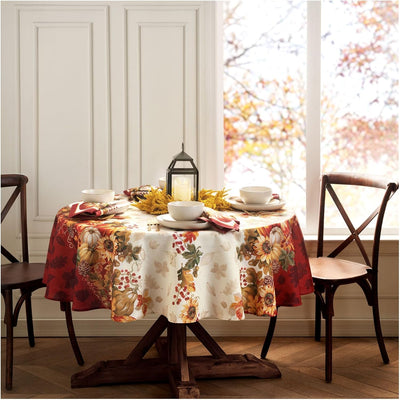 Home Fashions Swaying Leaves Bordered Fall, Seasonal and Holiday Tablecloth, 70" Round, Multi