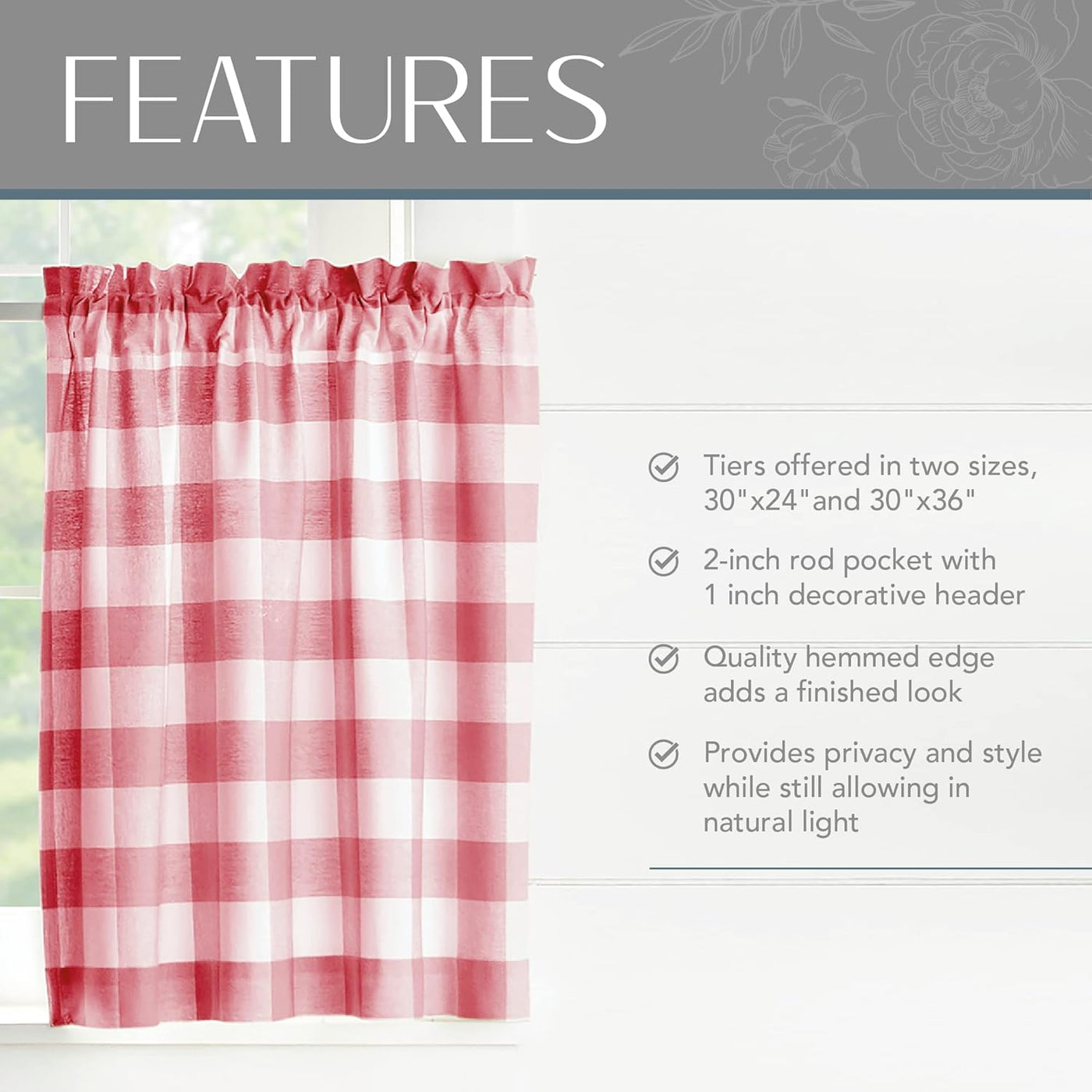 Home Fashions Farmhouse Living Buffalo-Check Tier Curtain Set for Bathroom or Kitchen Curtains, 30" X 24"(Set of 2 Tiers), Red/White