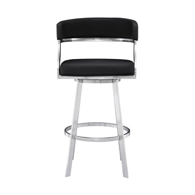30" Black And Silver Faux Leather And Iron Swivel Low Back Bar Height Bar Chair-2