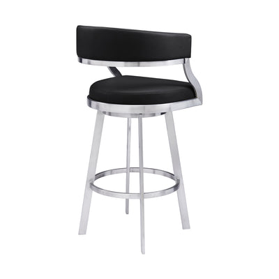 30" Black And Silver Faux Leather And Iron Swivel Low Back Bar Height Bar Chair-3