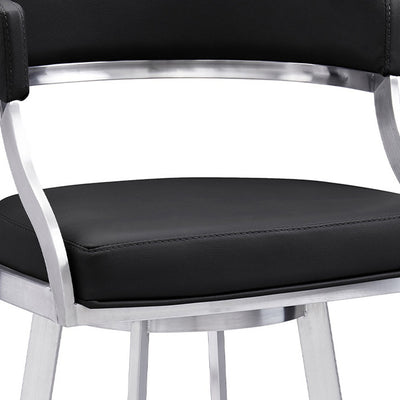 30" Black And Silver Faux Leather And Iron Swivel Low Back Bar Height Bar Chair-7