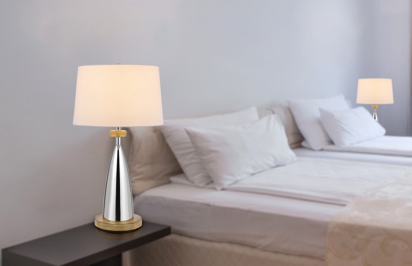 31" Brown Metal Geometric USB Table Lamp With White Empire Shade-4