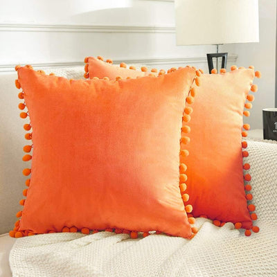 Decorative Throw Pillow Covers with Pom Poms, Pack of 2 Soft Particles Velvet Pillow Cases Square Cushion Covers for Couch Bedroom Car Sofa Outdoors 16X16 Bright Orange