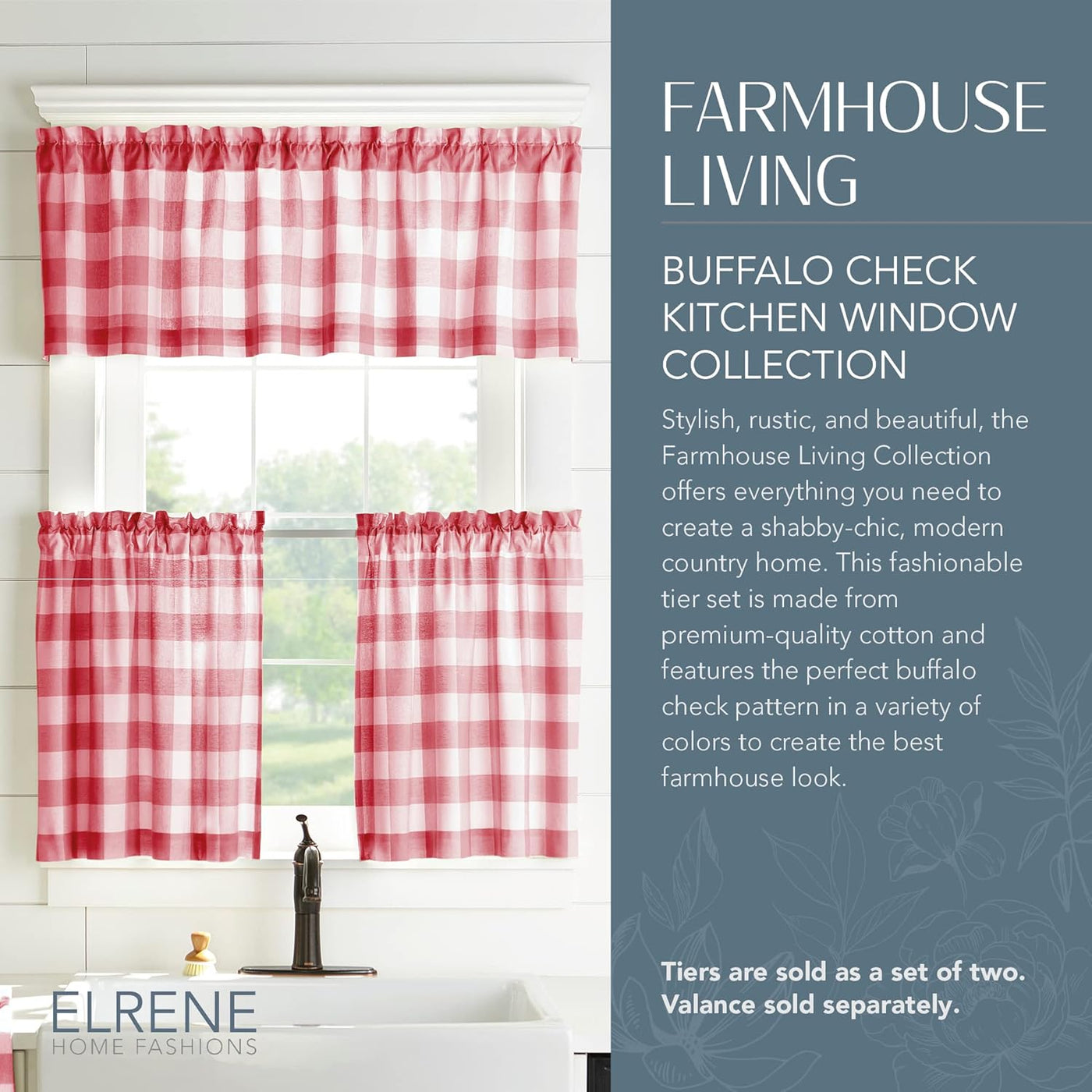 Home Fashions Farmhouse Living Buffalo-Check Tier Curtain Set for Bathroom or Kitchen Curtains, 30" X 24"(Set of 2 Tiers), Red/White