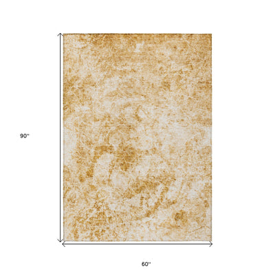 5' X 8' Cream and Gold Abstract Washable Non Skid Indoor Outdoor Area Rug-2