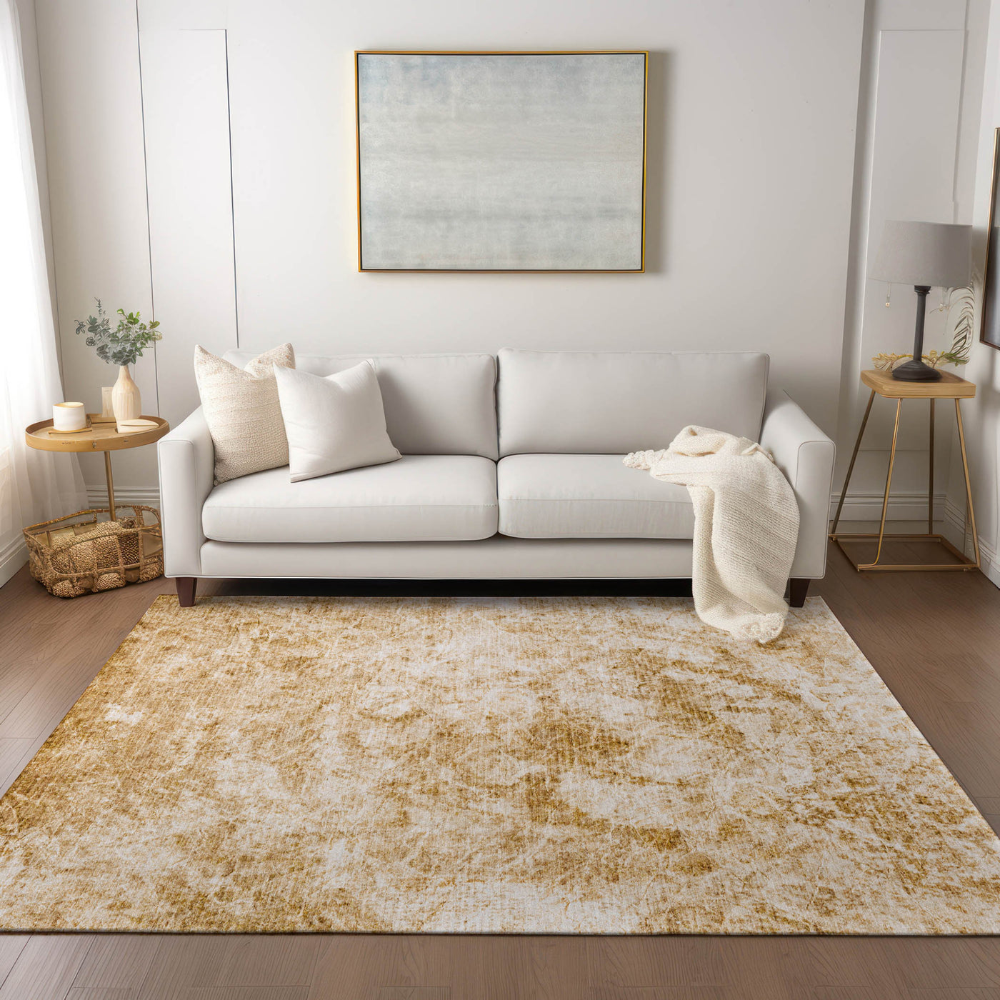 5' X 8' Cream and Gold Abstract Washable Non Skid Indoor Outdoor Area Rug-8