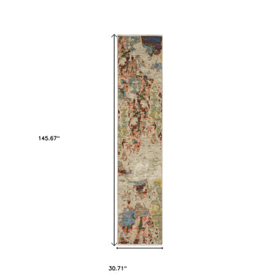 12' Beige Pink And Yellow Abstract Runner Rug With Fringe-2