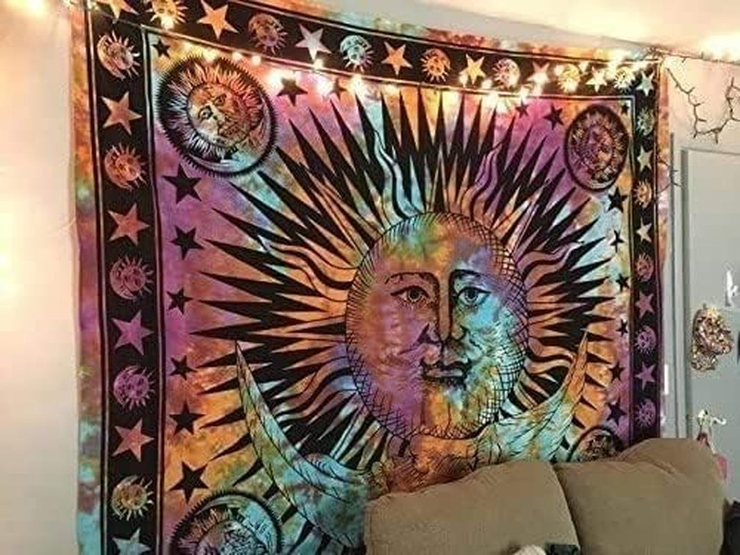 Sun and Moon Wall Hanging – Aesthetic Indie Boho Decorative Wall Tapestry for Bedroom, Living Room, or Home Décor (Rainbow, 54X60 Inch)