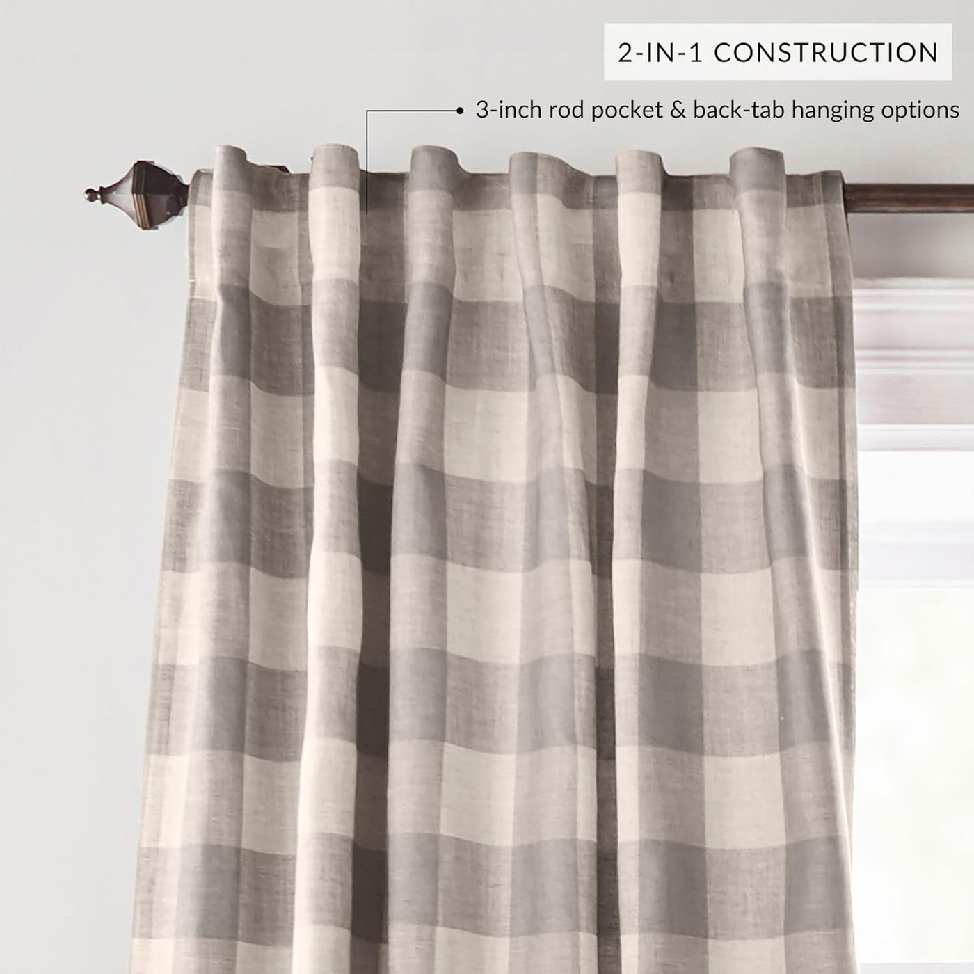 Home Fashions Farmhouse Living Grainger Buffalo-Check Blackout Window Curtain, Living Room and Bedroom Drape with Rod Pocket Tabs, 52" X 84", Grey, 1 Panel