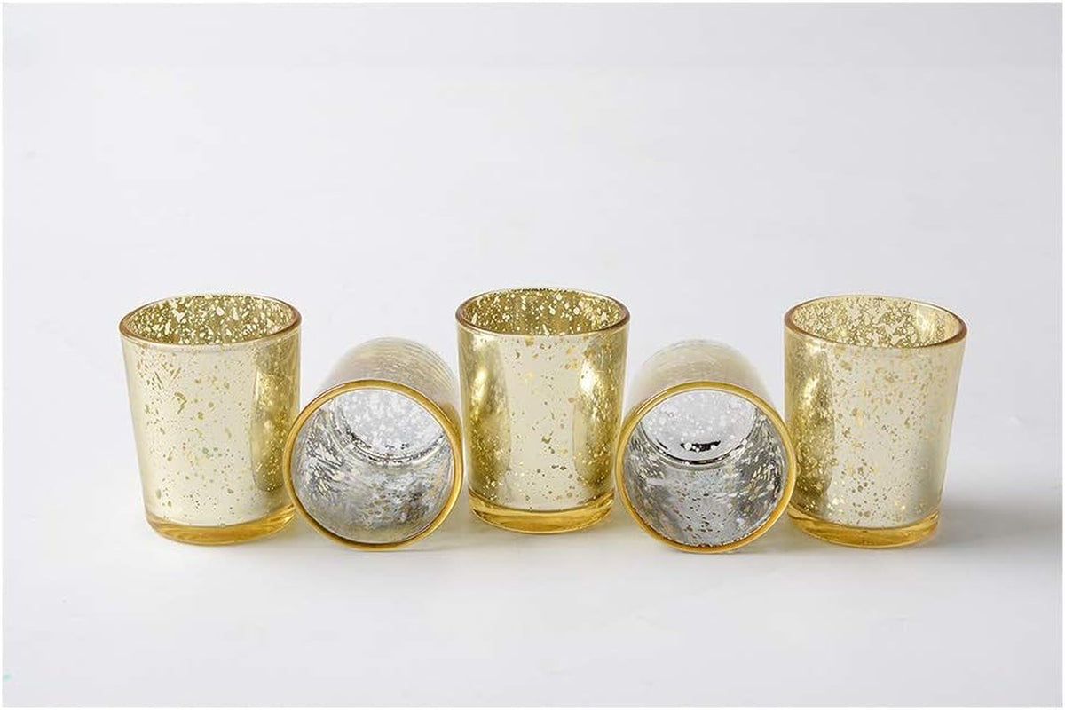 Gold Mercury Glass Votive Candle Holders Set of 12 for Wedding Table Centerpiece, Decorative Tea Light Holders for Birthday Party Home Decoration