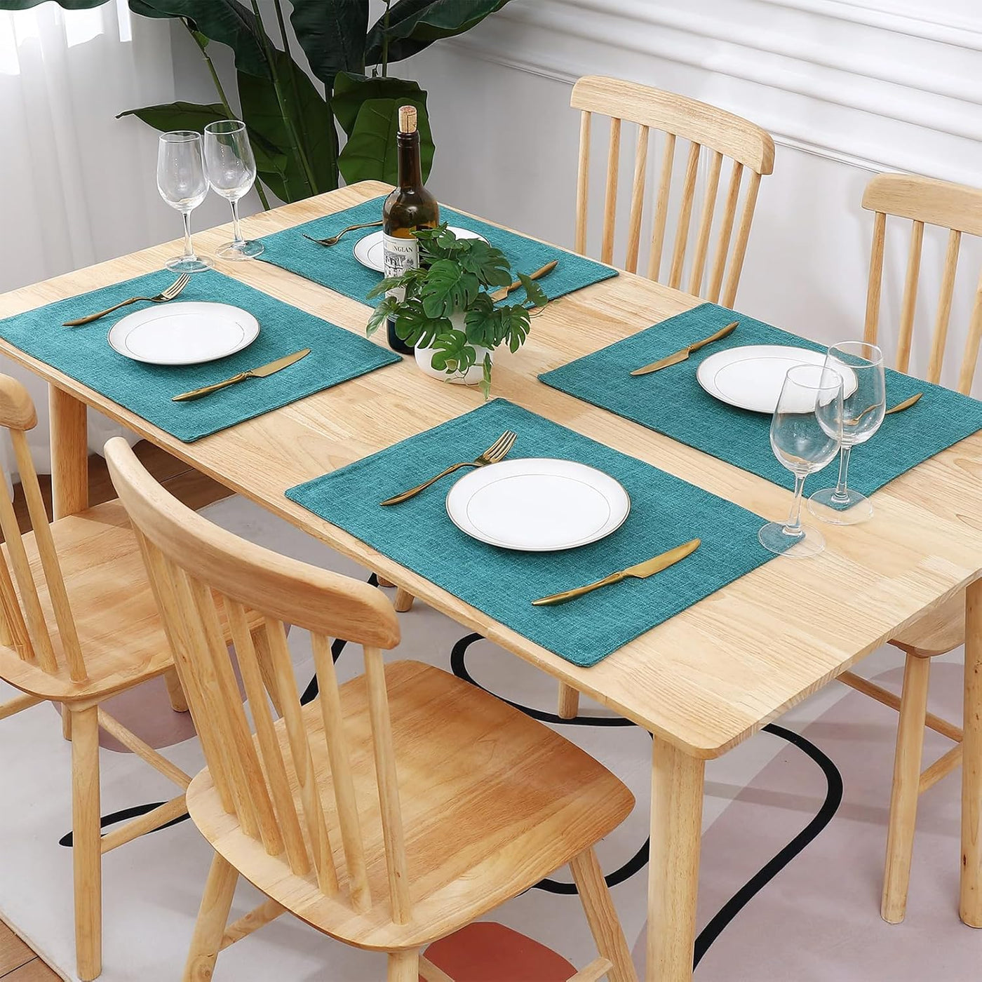 Teal Cloth Easter Placemats Set of 6 – Cotton Linen Blend Washable Spring Dining Table Mats for Easter, Indoors & Outdoors, Easy to Clean, 13 X 19 Inch