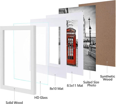 11X14 Picture Frame 4 Pack Made of Solid Wood and Strong Real Glass, Display 8X10 and 8.5X11 Photos with Mat or 8X10 without Mat, Room Decor for Wall and Tabletop, Gallery Gifts White
