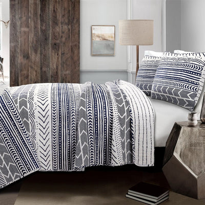 3 Piece Scandinavian Blue White Reversible Cotton Set in Full/Queen-1