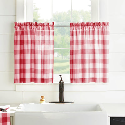 Home Fashions Farmhouse Living Buffalo-Check Tier Curtain Set for Bathroom or Kitchen Curtains, 30" X 24"(Set of 2 Tiers), Red/White