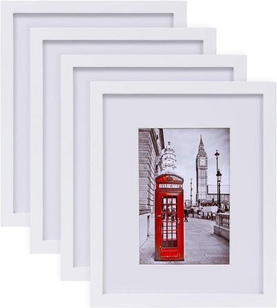 11X14 Picture Frame 4 Pack Made of Solid Wood and Strong Real Glass, Display 8X10 and 8.5X11 Photos with Mat or 8X10 without Mat, Room Decor for Wall and Tabletop, Gallery Gifts White