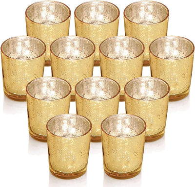 Gold Mercury Glass Votive Candle Holders Set of 12 for Wedding Table Centerpiece, Decorative Tea Light Holders for Birthday Party Home Decoration
