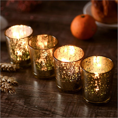 Gold Mercury Glass Votive Candle Holders Set of 12 for Wedding Table Centerpiece, Decorative Tea Light Holders for Birthday Party Home Decoration