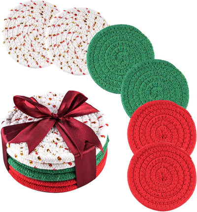 Absorbent Drink Coasters Handmade Braided Drink Coasters, Super Absorbent Heat-Resistant Coasters for Drinks Great Home Decor (Red, Green, Beige, 6)