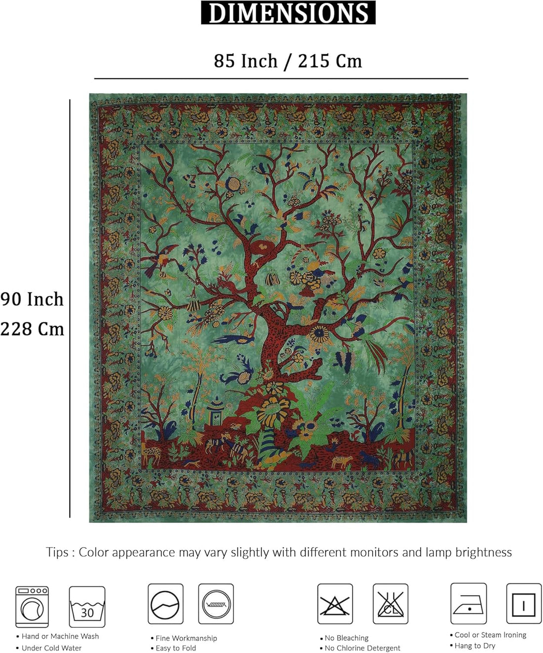 Tapestry Green Tree of Life Wall Hanging – Indian Cotton Full Size Bedspread, Picnic Sheet, Wall Decor, Blanket, Wall Art for Bedroom (Full, 85X90 Inch)