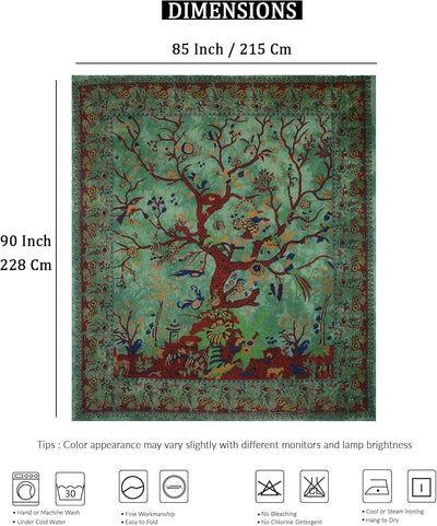 Tapestry Green Tree of Life Wall Hanging – Indian Cotton Full Size Bedspread, Picnic Sheet, Wall Decor, Blanket, Wall Art for Bedroom (Full, 85X90 Inch)