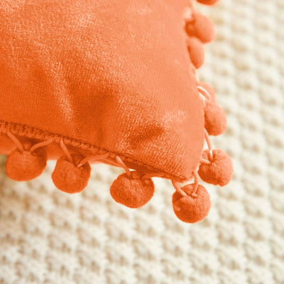Decorative Throw Pillow Covers with Pom Poms, Pack of 2 Soft Particles Velvet Pillow Cases Square Cushion Covers for Couch Bedroom Car Sofa Outdoors 16X16 Bright Orange