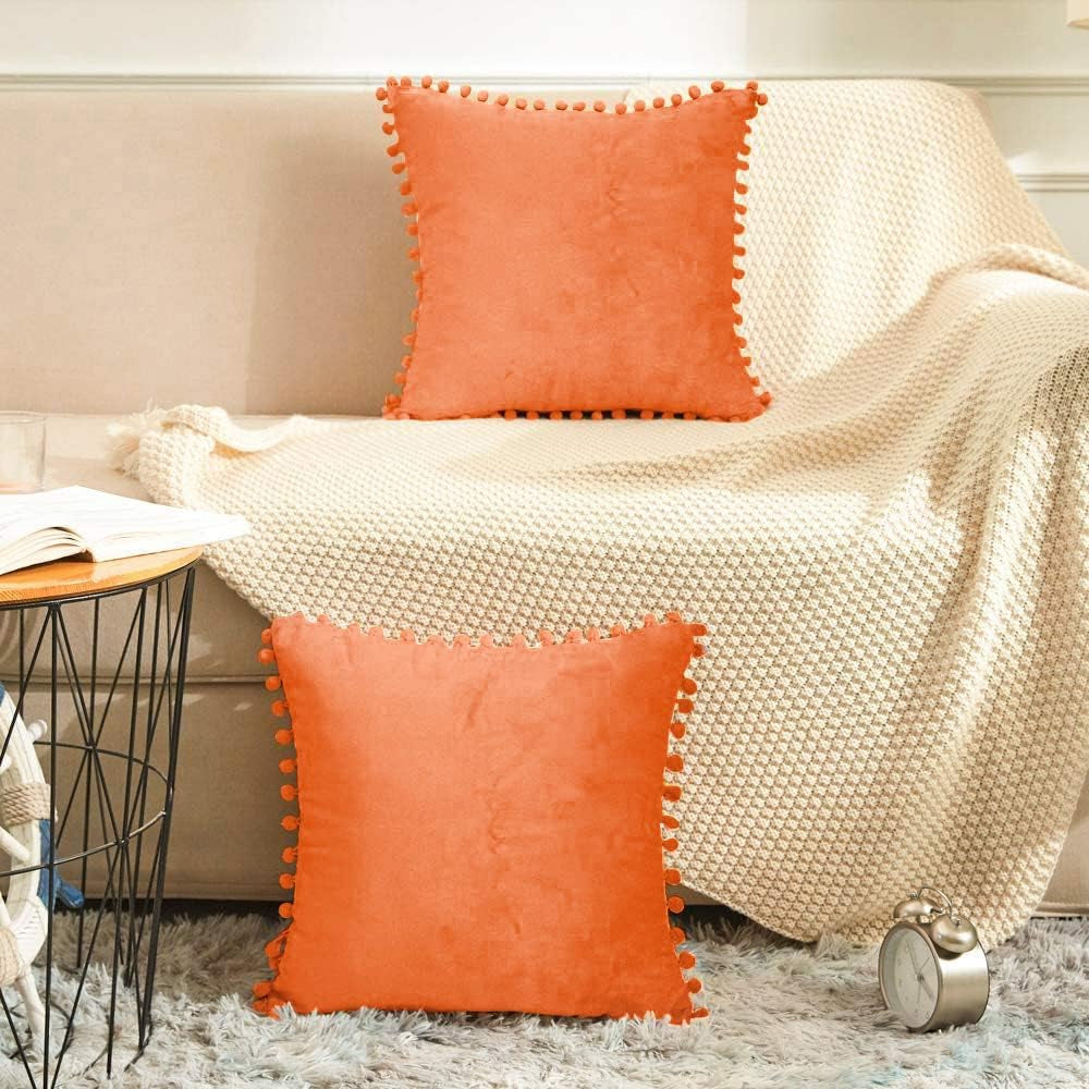 Decorative Throw Pillow Covers with Pom Poms, Pack of 2 Soft Particles Velvet Pillow Cases Square Cushion Covers for Couch Bedroom Car Sofa Outdoors 16X16 Bright Orange