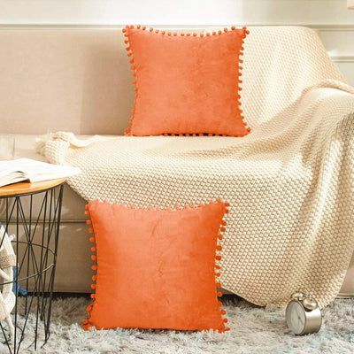 Decorative Throw Pillow Covers with Pom Poms, Pack of 2 Soft Particles Velvet Pillow Cases Square Cushion Covers for Couch Bedroom Car Sofa Outdoors 16X16 Bright Orange