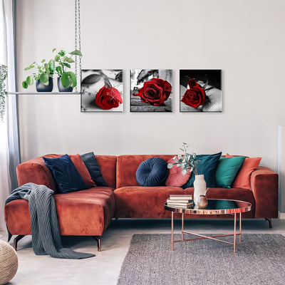 3 Pcs Red Rose Canvas Art Black and White Red Wall Art Flower Picture Prints on Canvas Stretched and Framed Triptych 12"X12" Floral Decor Canvas Art for Home Decor Living Room Bedroom